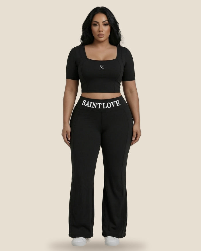 Saint Love Atleet Set SLA-204 (croptop + flarebroek) in zwart, voorkant — tweede weergave