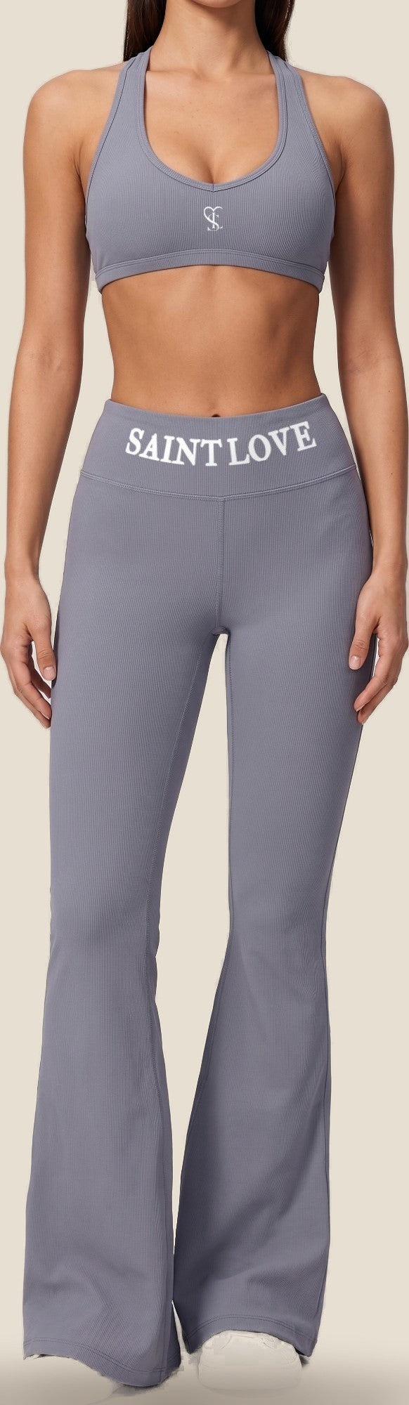Saint Love Atleet Set SLA-222 (sportbh + flarebroek) in grijs, voorkant