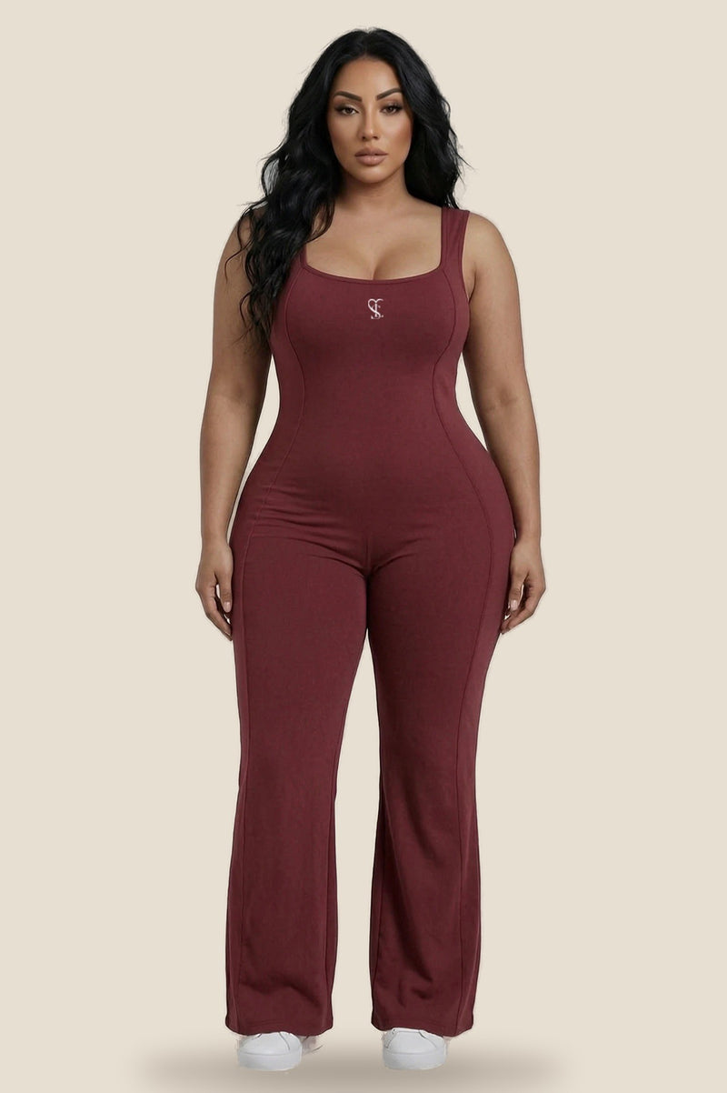 Saint Love Atleet Jumpsuit SLA-402 (jumpsuit + flare) in bordeaux, voorkant
