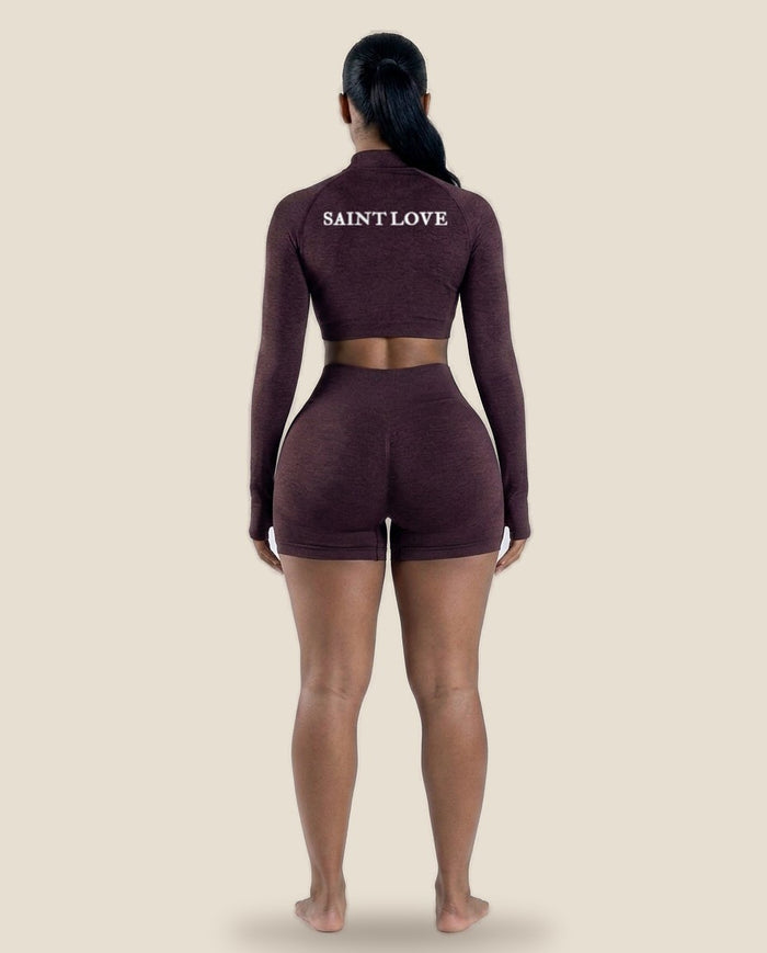 Saint Love Atleet Naadloze set SLA-221 (longsleeve + short) in bruin, achterkant — tweede weergave