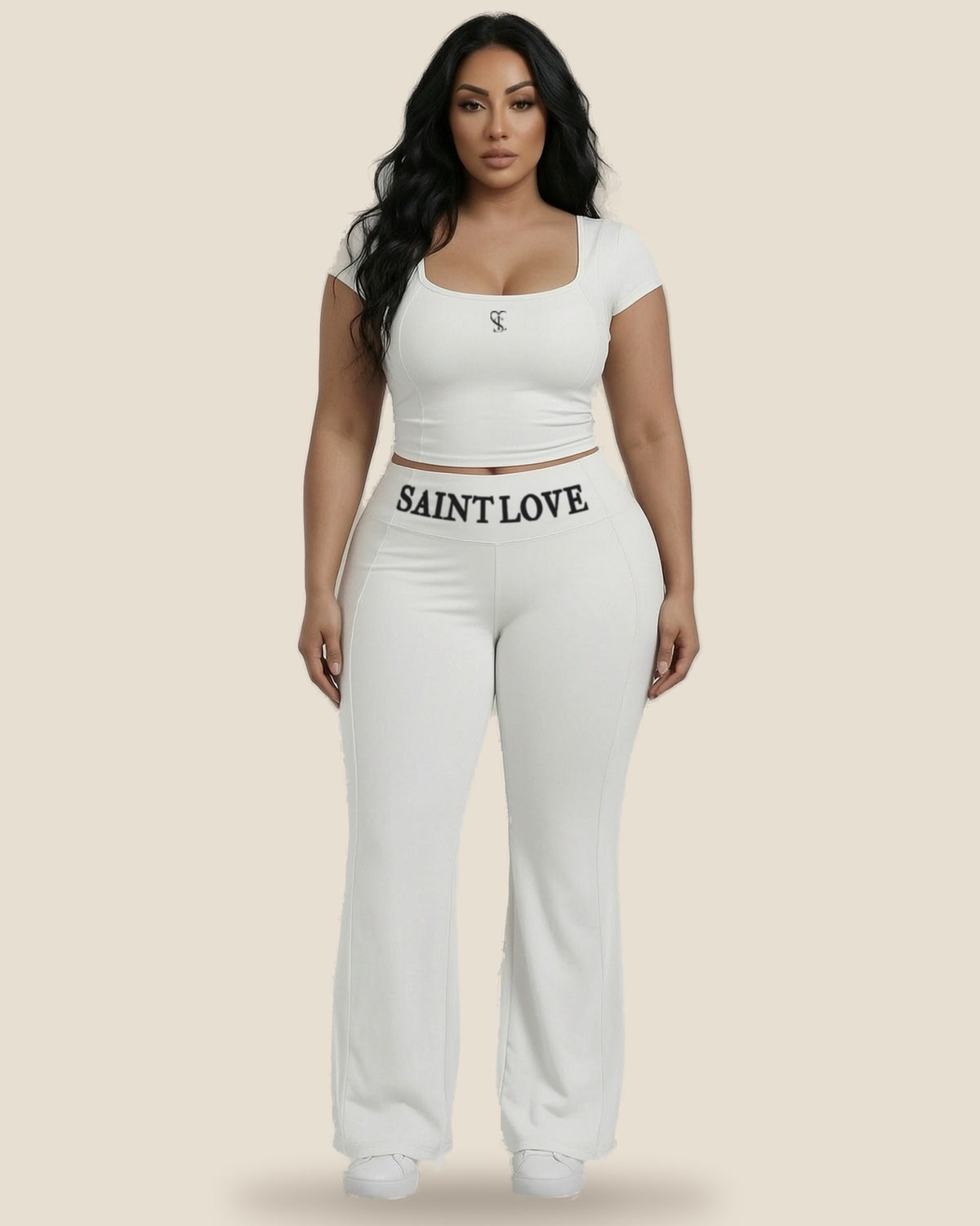 Saint Love Atleet Set SLA-204 (croptop + flarebroek) in lichtgrijs, voorkant