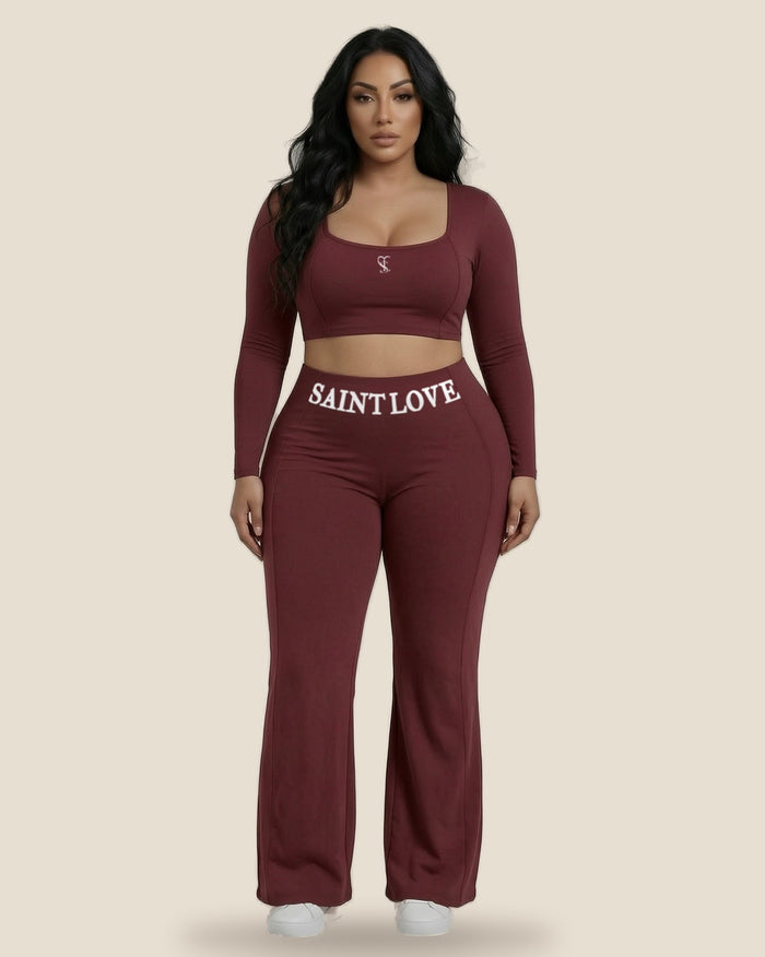 Saint Love Atleet Set SLA-205 (longsleeve + flarebroek) in bordeaux, voorkant — tweede weergave