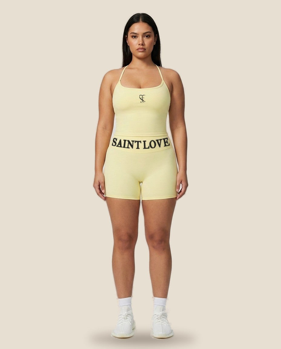 Saint Love Atleet Set SLA-213 (haltertop + short) in lichtgeel, voorkant