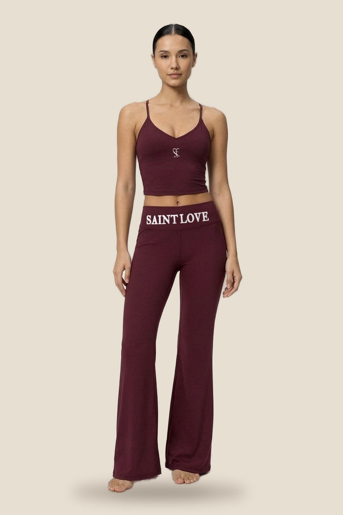 Saint Love Atleet Set SLA-215 (top + flarebroek) in bordeaux, voorkant