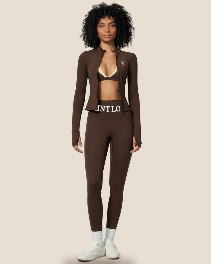 Saint Love Atleet Set met jack (jack + sportbh + legging) in bruin, voorkant